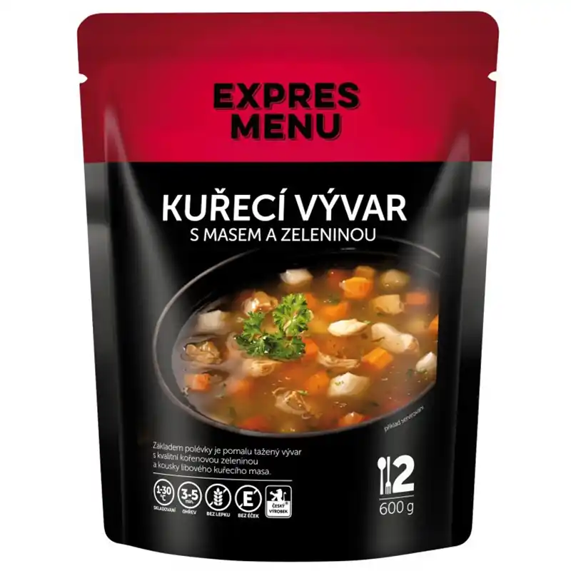 Dokud Zásoby Vydrží EXPRES MENU - Polévka Kuřecí vývar s masem a zeleninou - 2 porce (600g)