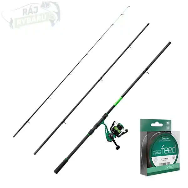 Cenová Bomba DELPHIN - Feederový set GreenFEED 3,6m 100g + Naviják 30 + Vlasec