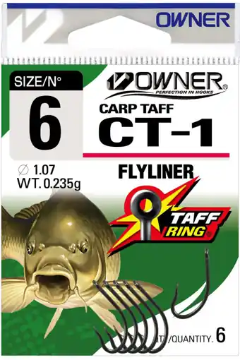 Vysoce Kvalitní Owner CT-1 Carp Taff Flyliner, vel.6 (6ks)
