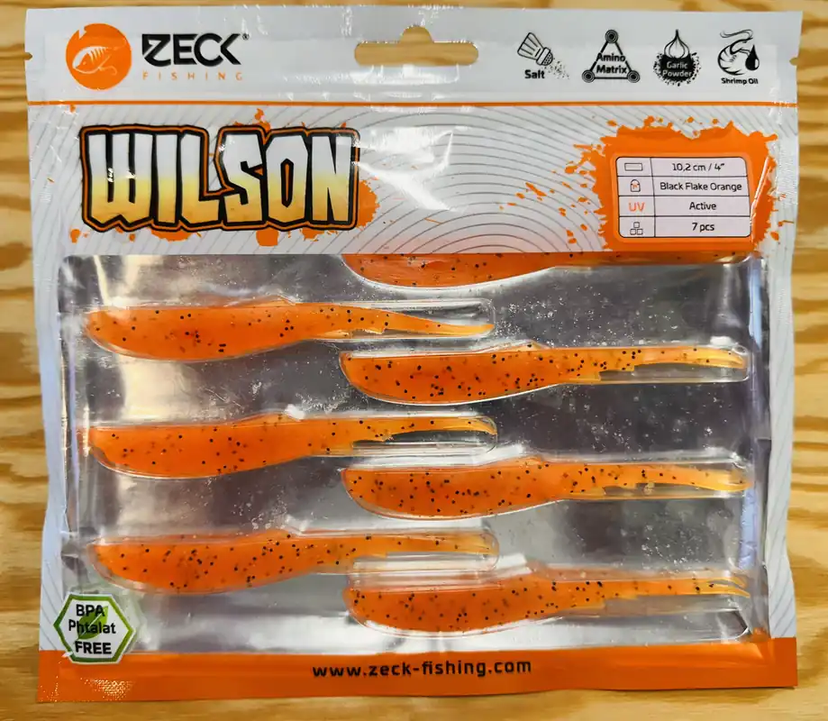 Sezónní Sleva ZECK GUMOVÉ NÁSTRAHY WILSON 4" / BLACK FLAKE ORANGE / 10,2 cm / 7 ks